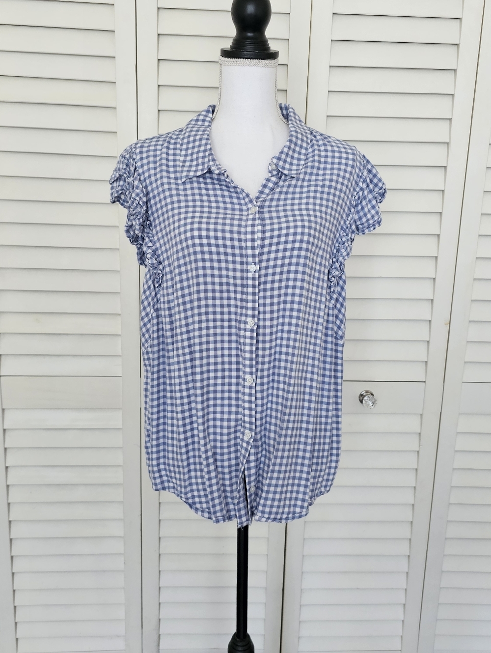 Jessica Simpson Gingham Blouse Size 2X Blue White Check Button Up Ruffle Sleeve